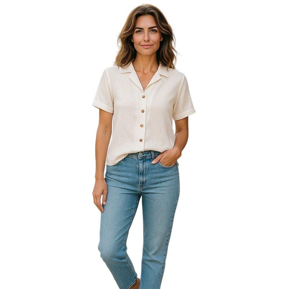 Kiko Women's Pink Blouse Size S 100% linen Buttons Short Sleeves   # 74